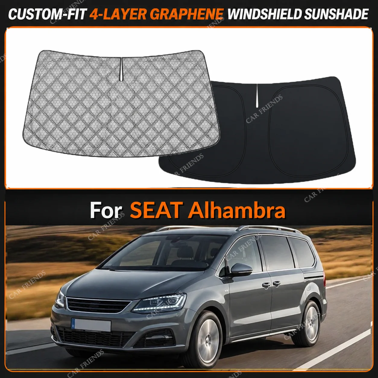 For SEAT Alhambra Custom-Fit 4-Layer Graphene Windshield Sunshade Reflective Gray-Silver Surface Helps Reduce Direct Sunlight