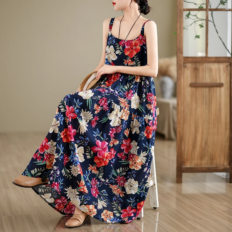 

Floral Print Cotton Linen Dress with Large Flounce And Strap Thin And Skin-friendly High Waist Loose Fit Mid-length Skirt