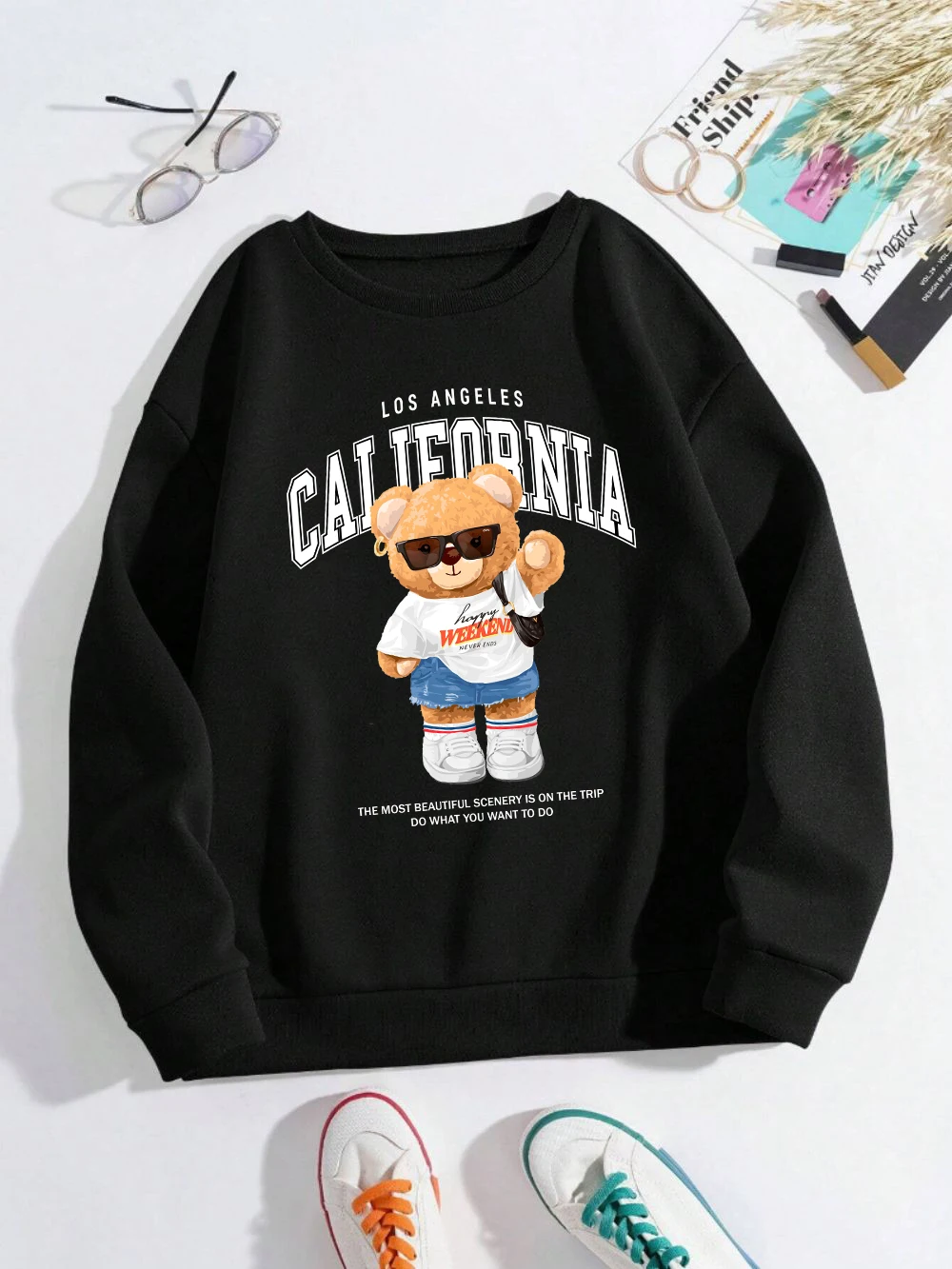 Autumn Winter Womens Pullover California Letter Trend Bear Printing Hoodie Loose Crewneck Warm Fleece Sweatshirt Street Clothing