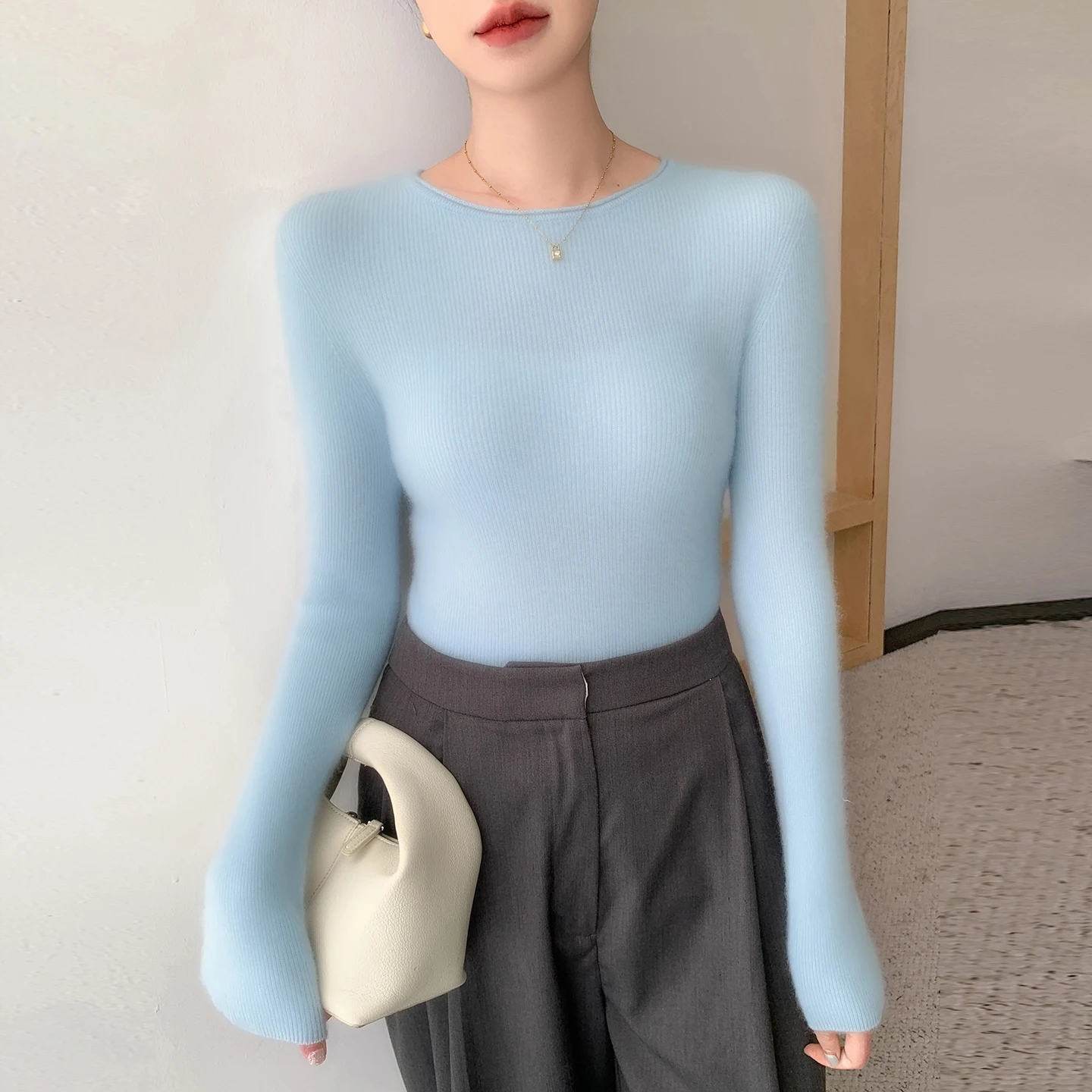 Осень-зима, пуловер из 100% чистого кашемира с круглым вырезом, женский однотонный облегающий свитер с внутренней вязкой, базовые топы с длинными рукавами, мягкий комфорт
