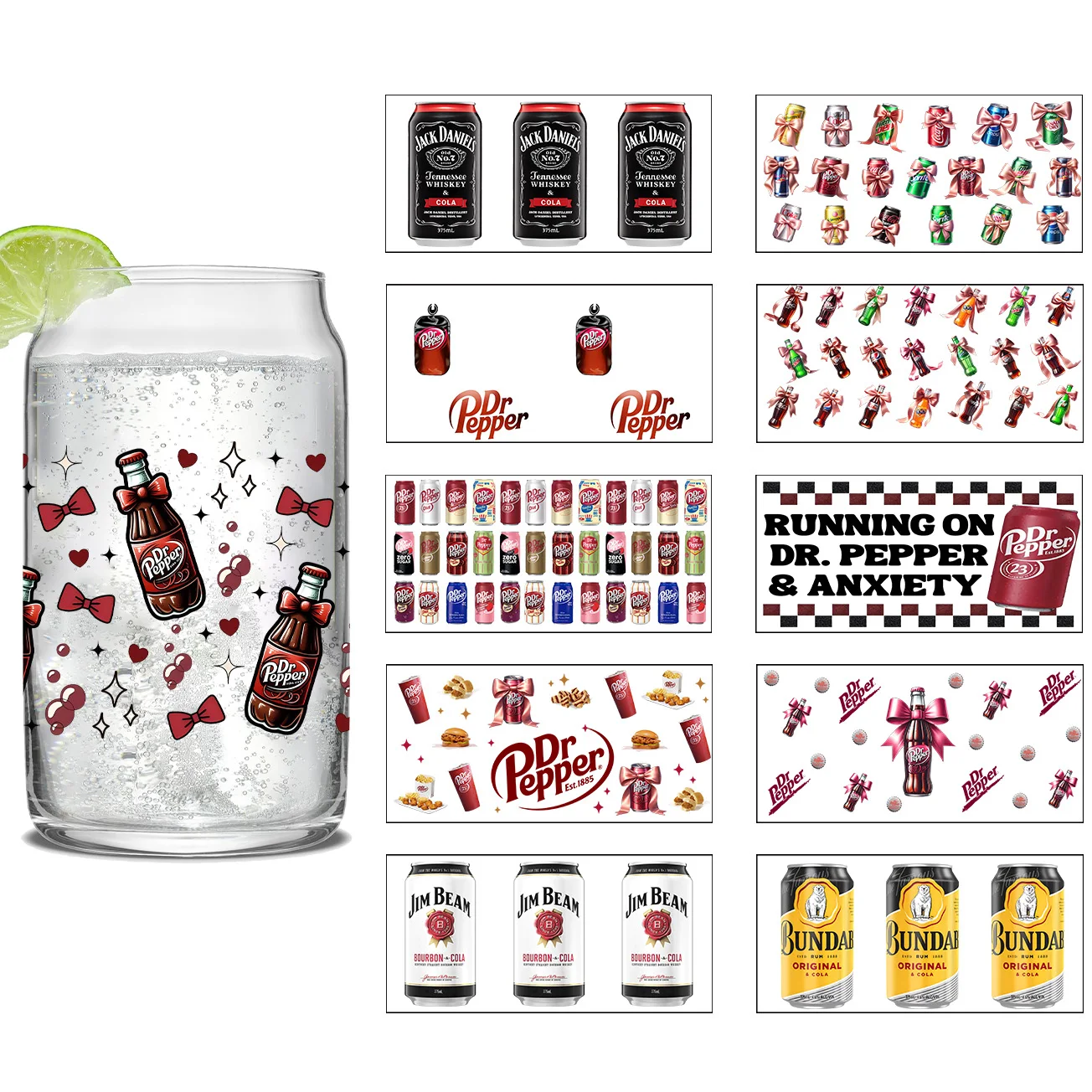 

Beverage Series Easy peel waterproof DIY Decals 3D transfers uvdtf crystal stickers 16oz uv dtf cup wraps for Glasses