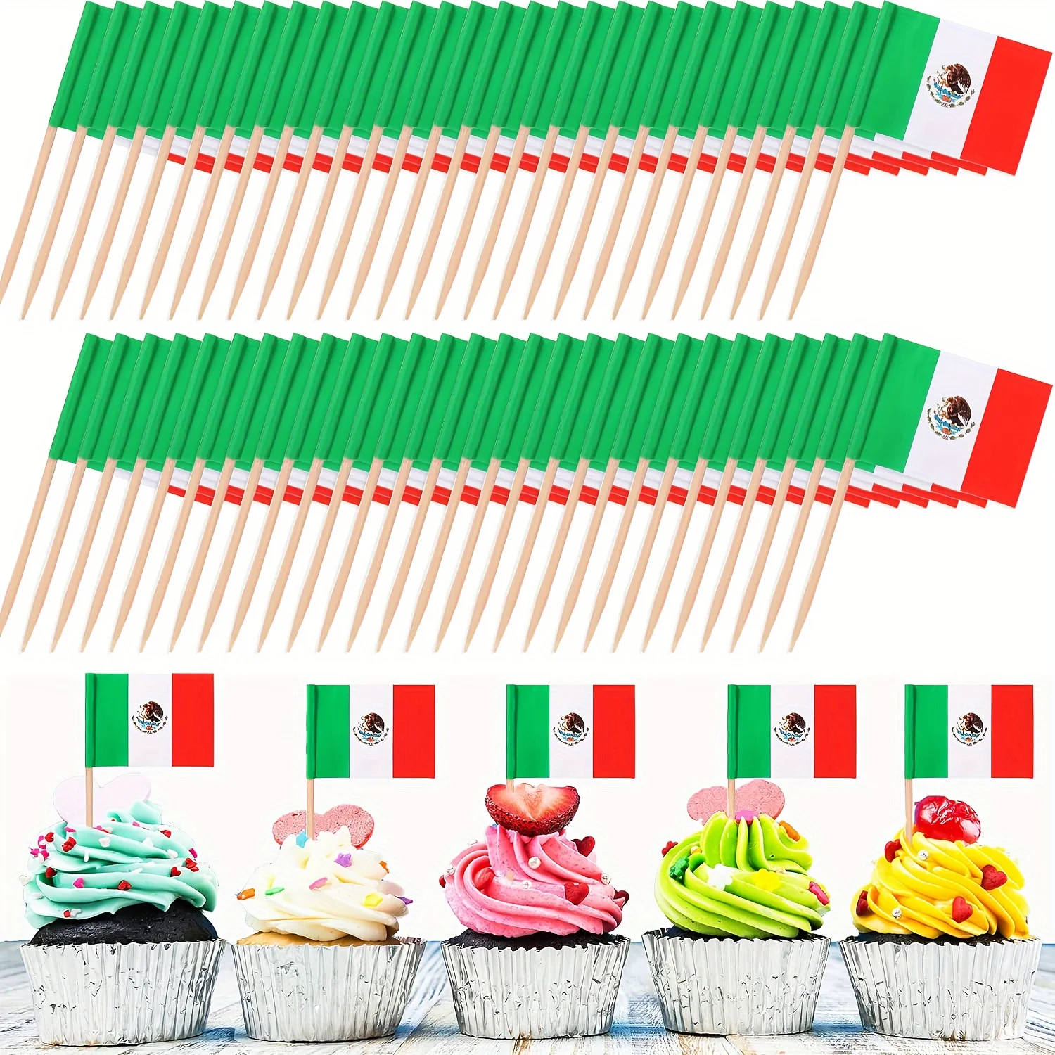 100pcs Mexican Toothpick Flags, Cupcake Topper Decorated With Mexican Flag, Mini Baton Flag Decorated With Food Picks