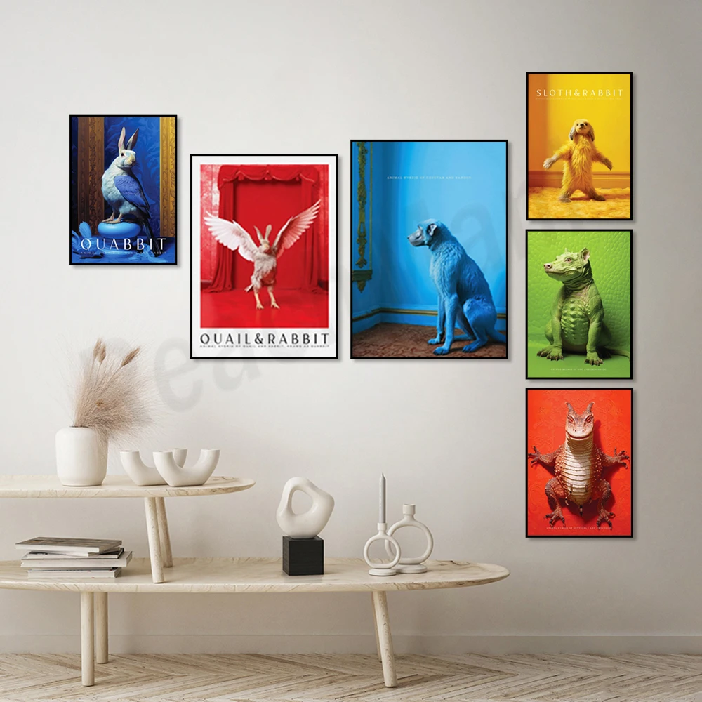 Cat and rabbit crossbreed animal, quail and rabbit crossbreed animal, baboon penguin mix, wild animal crossbreed, art poster