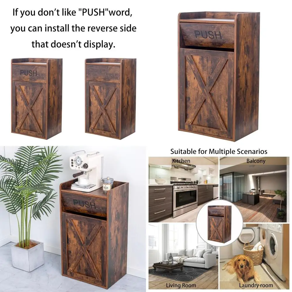 

Brown Wooden Tilt-Out Trash Cabinet, Pet-Resistant Hidden Bin for Kitchen & Living Room, 13 Gallons