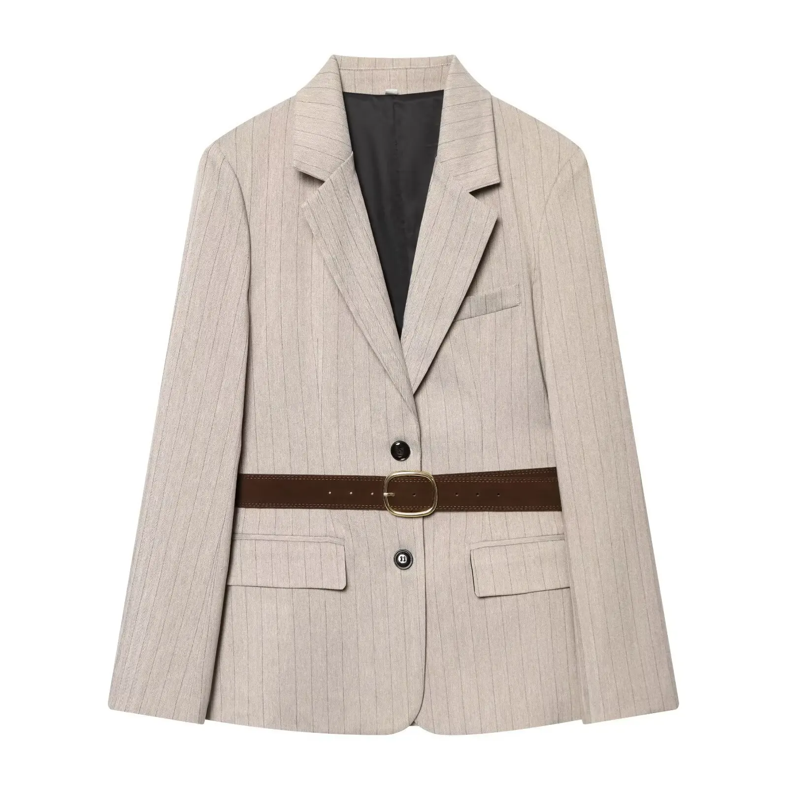 Women's Fashionable Casual Long-Sleeve Blazer with Belt in Herringbone Twill   MHO6
