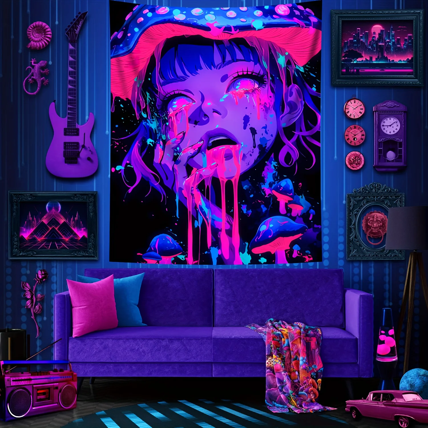 VIKAMA Mushroom Girl Tapestry Cyberpunk Style Trippy Aesthetic Wall Hanging for Bedroom Indie Room Decor Wall Hanging Tapestry