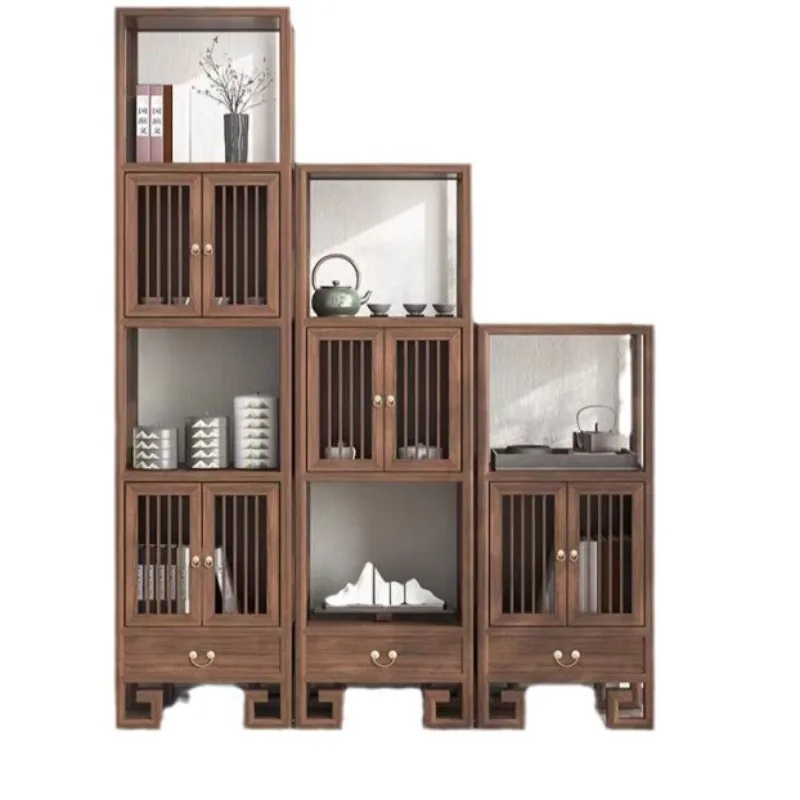 New Chinese bookshelf Zen solid wood combination shelf wood display high and low