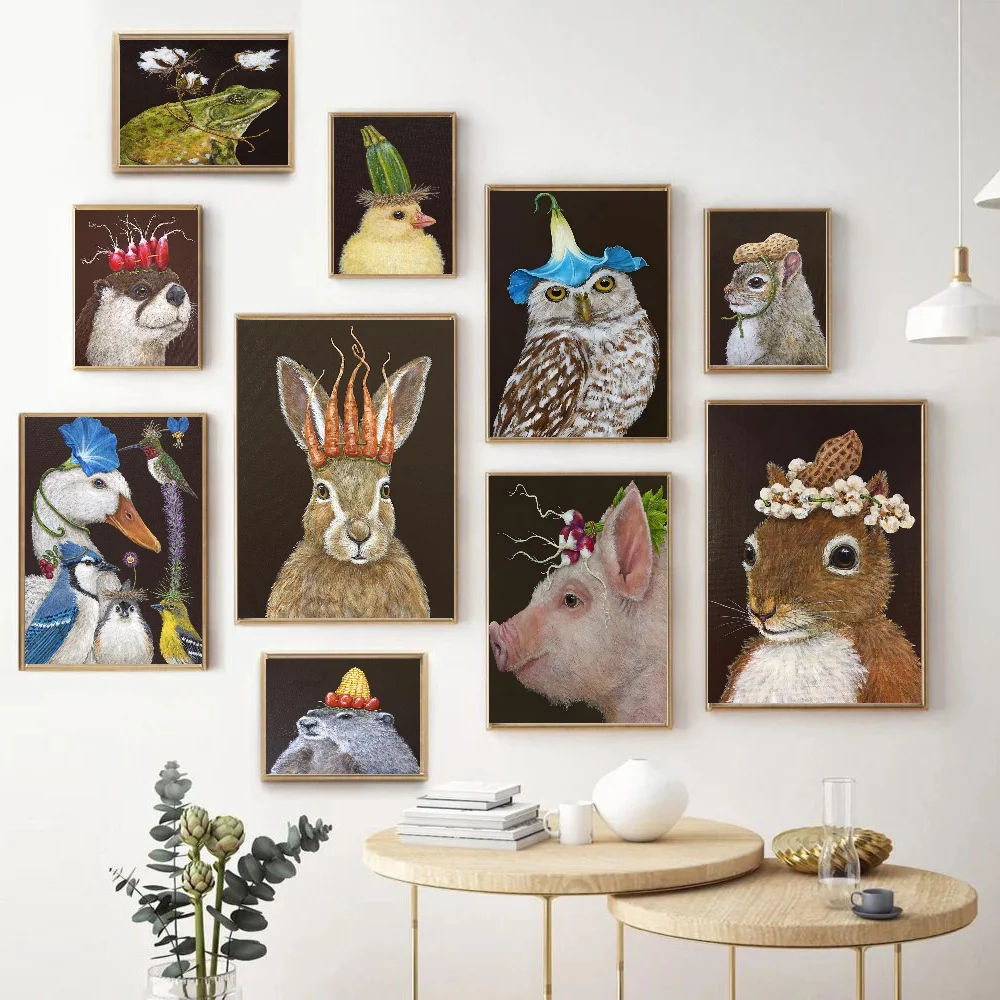 

Bird Rabbit Duck Animal Vegetable Head Self-adhesive Art Poster Fancy Wall Sticker For Living Room Decoration Vintage Painting