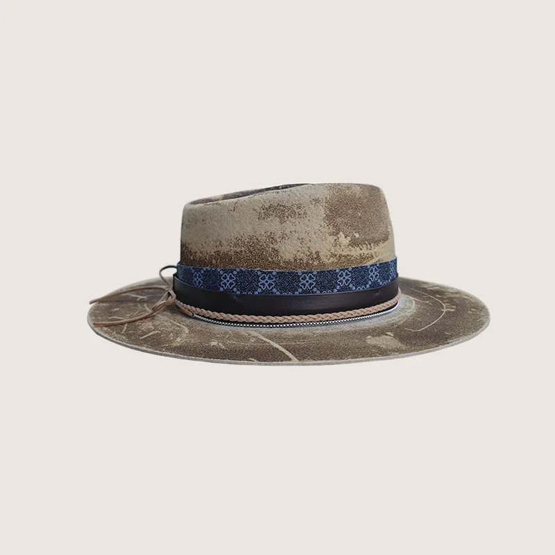 Retro Distressed Pure Wool Felt Hat with Ribbon Wool Top Hat