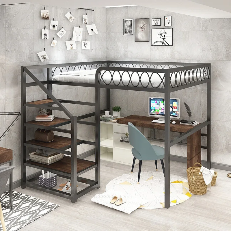 Black wrought iron elevated bed household bedroom space saving bed student dormitory up and down double