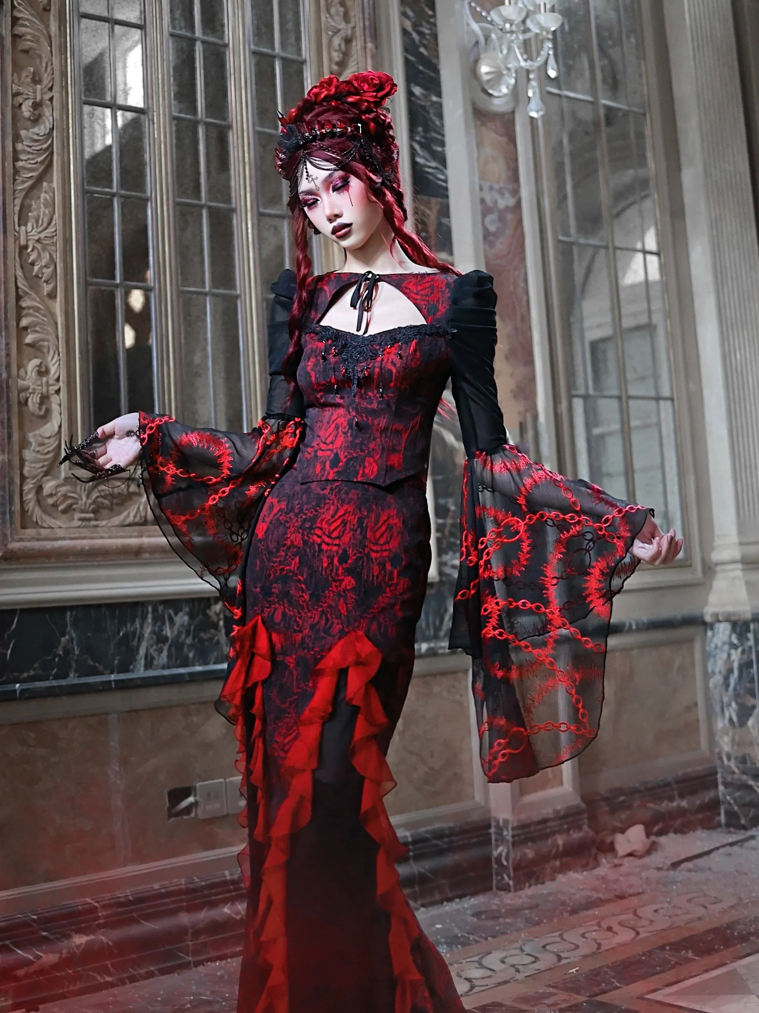 Blood Supply Original Devil Gothic Rose Print Long Skirt Punk Girls X-long Chiffon Mesh Patch Trumpet Skirt Red Black Summer