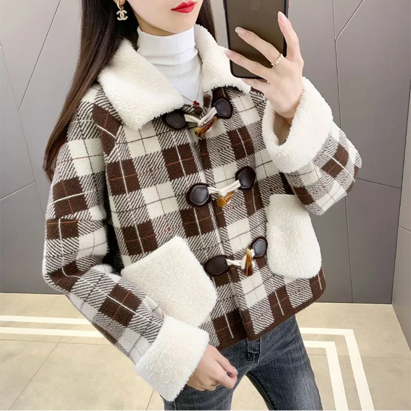 

Autumn Winter 2024 New Thick Warm Parker Coat Fashion Loose Stitching Plaid Mink Fleece Cardigan Jacket Women's Outwear Casaco