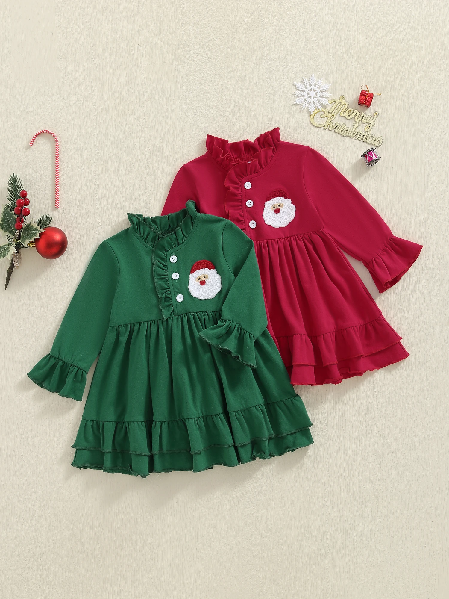 Conjunto de pijama de Natal para bebês meninas com botão de manga comprida e vestido de noite bordado de rena
