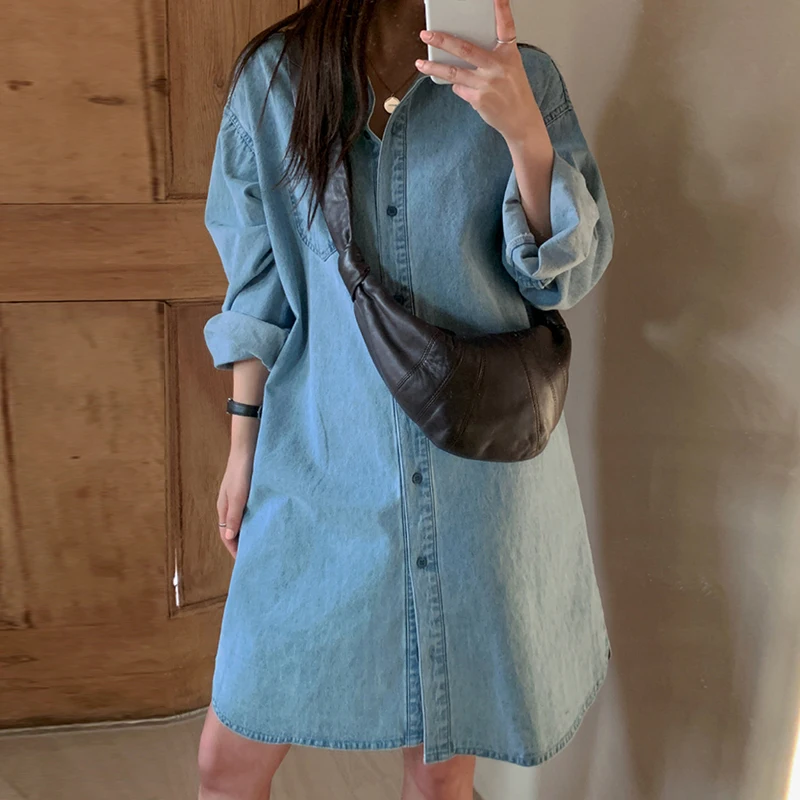 Women Denim Dress Loose Casual Long sleeve Wash Shirt Dresses Spring Autumn French Retro Lapel Solid Single Breasted Jean Dress