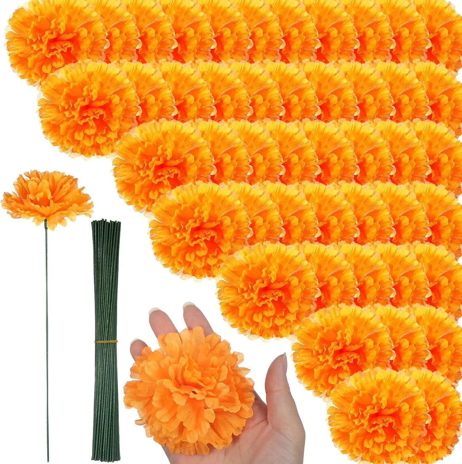 50 Uds. De flores artificiales de caléndula con tallos a granel, flores falsas de caléndula de 3,5 pulgadas para decoraciones del hogar para fiesta de boda y Halloween