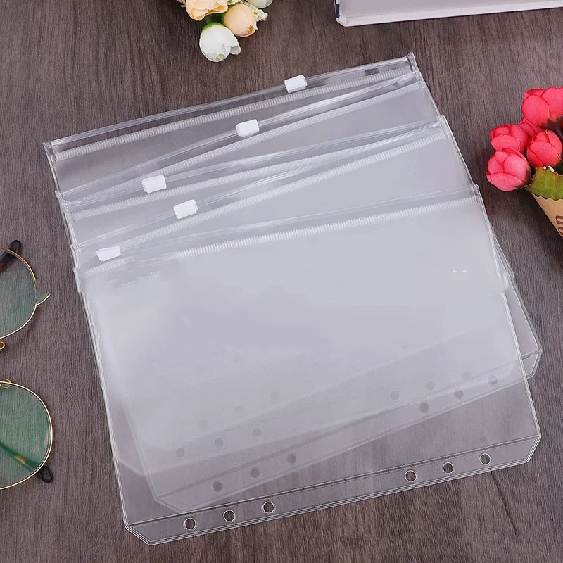 10Pcs A6-Sized Pocket Folders with 6 Slots 6-Hole Envelopes with Transparent Zippers for Waterproof PVC Storage Bags