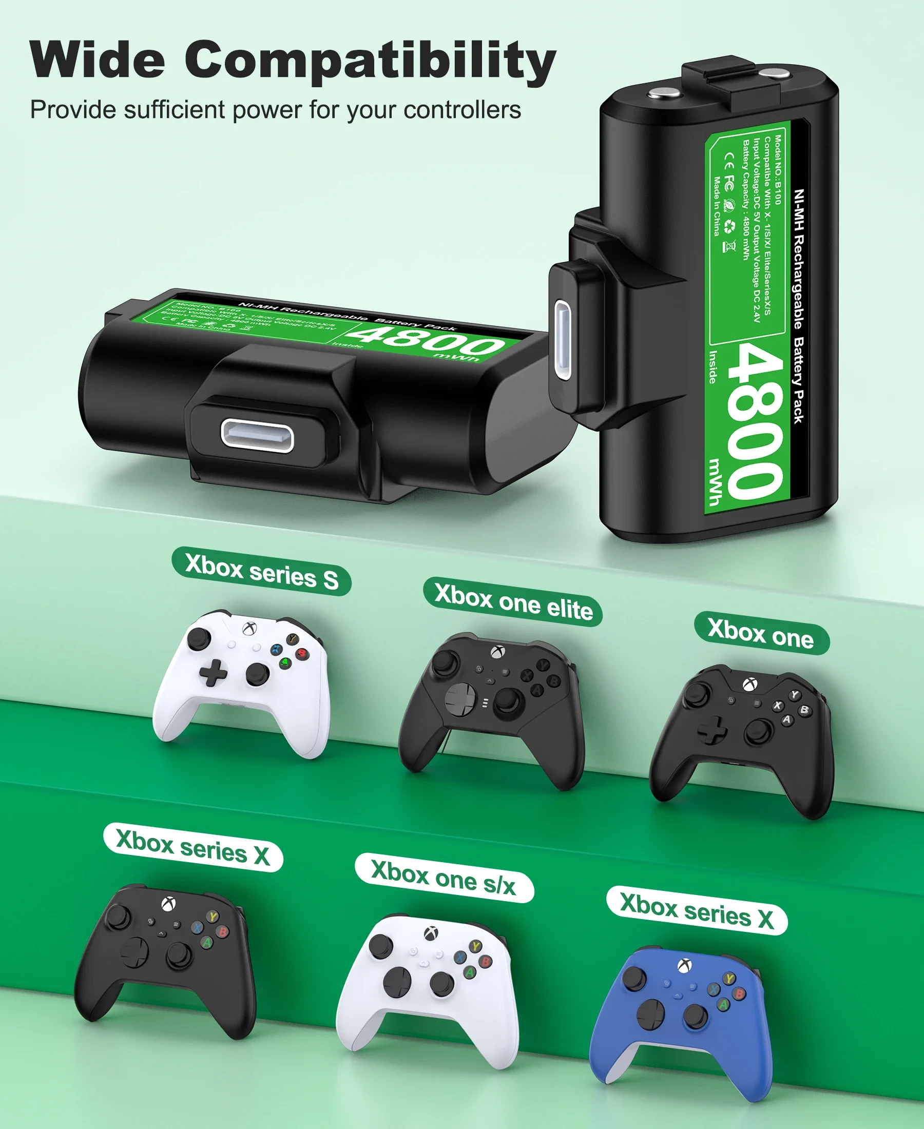 BEBONCOOL 2×4800mWh Rechargeable Battery Pack for Xbox One Xbox Series X|S+Charging Cable