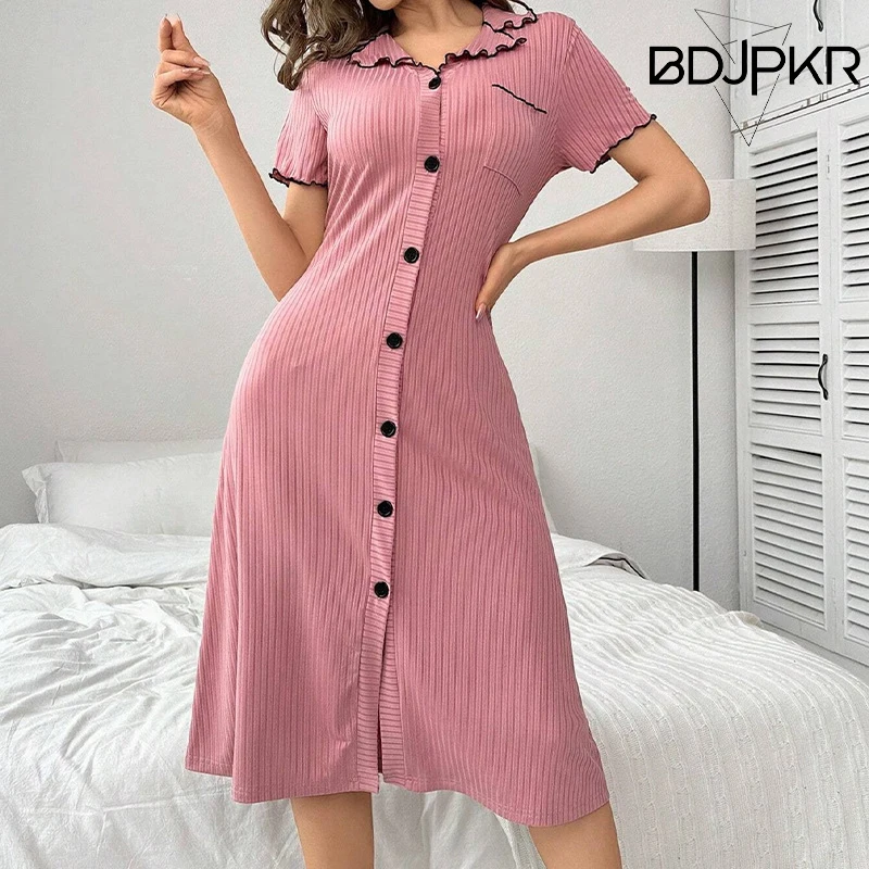 

Summer New Sexy Cardigan Button Short Sleeved Dress Nightgown For Women At Home YCF