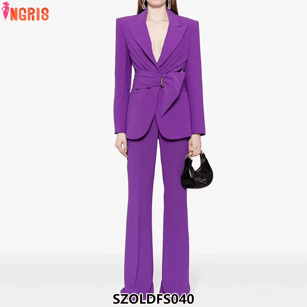 

Blazer Set V Neck Sexy Purple Zipped Waist Rosette Dinner Blazer and Pants Set-SZOLDFS040
