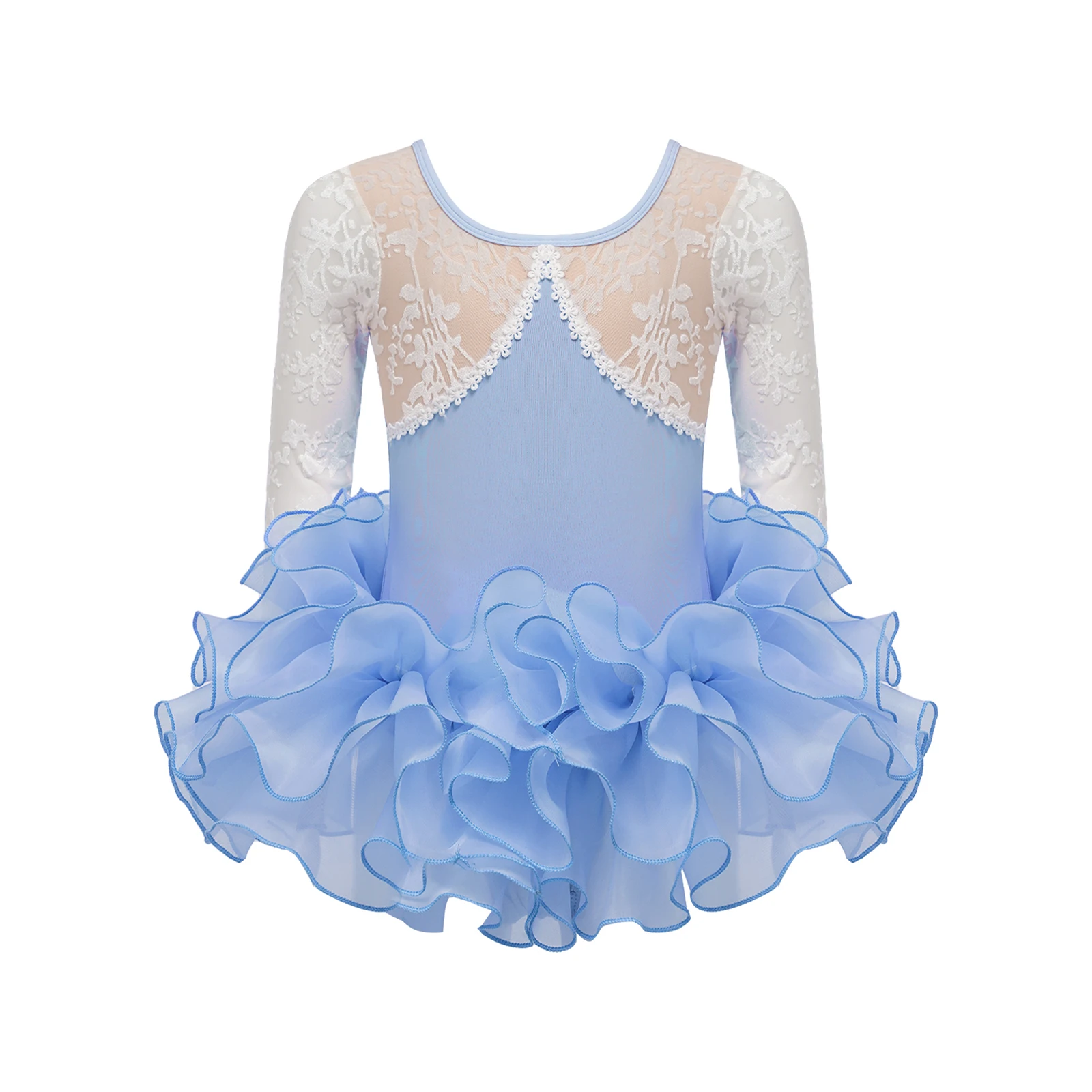 

Kids Girls Tutu Ballet Dance Leotard Round Neck Long Sleeve Lace Trim Mesh Patchwork Jacquard Bodysuit with Skirt for Stage Show