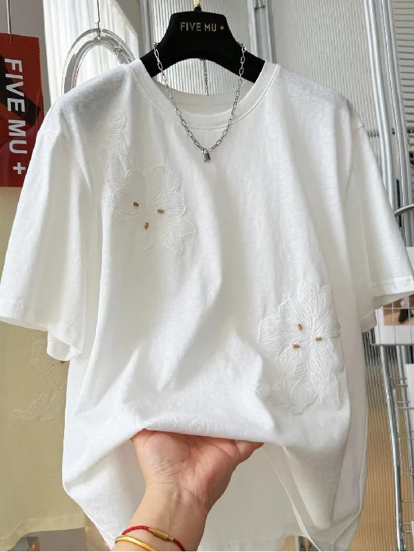 

plus Size Women's T-Shirt Korean Style Embroidered Flower Short Sleeve Loose Fit Summer Base Shirt Top Casual Style Cotton 100%