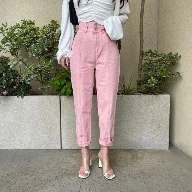 

New Pink 3D Line Casual Straight Leg Jeans High Waist Nine Points Jeans Cotton 100% Standard Fit Four Seasons Wear