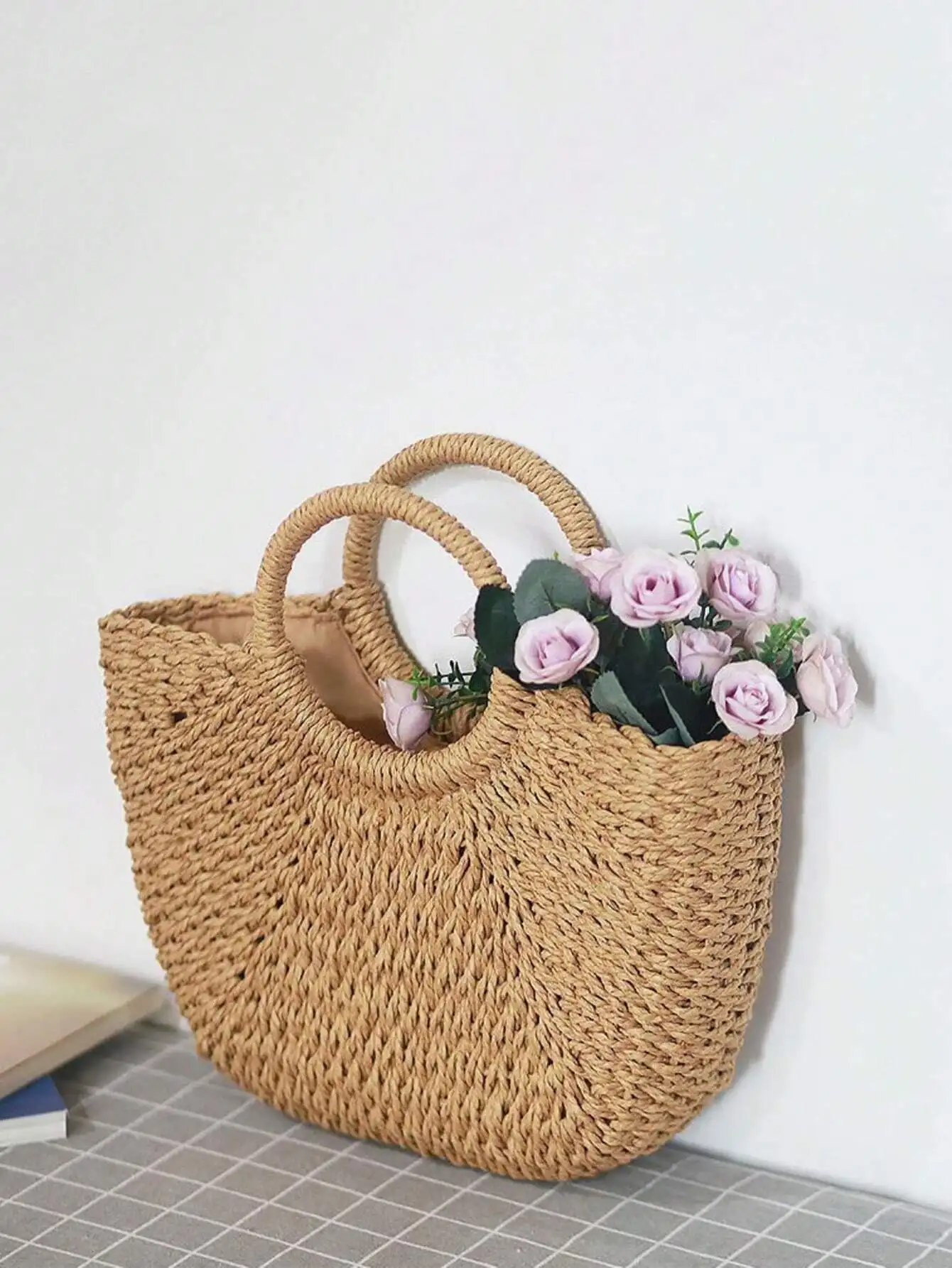 

Lightweight Ring Handle Design Straw Bag For Teen Girls Women College Students,Rookies White-Collar Workers Perfect For Office,C
