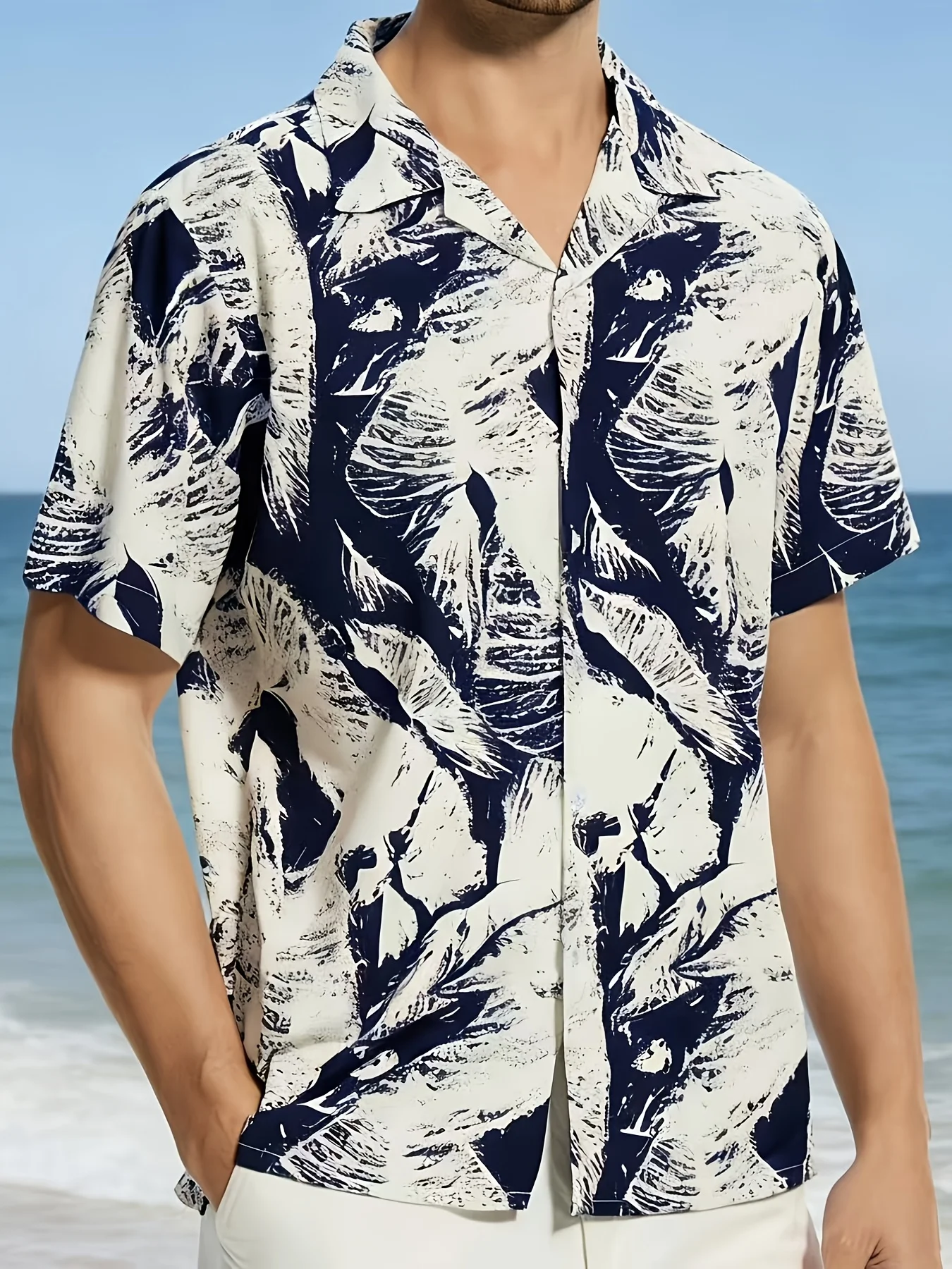 Men's Hawaiian Shirt Navy Blue White Abstract Palm Leaf Print Short Sleeve Button Down Casual Aloha