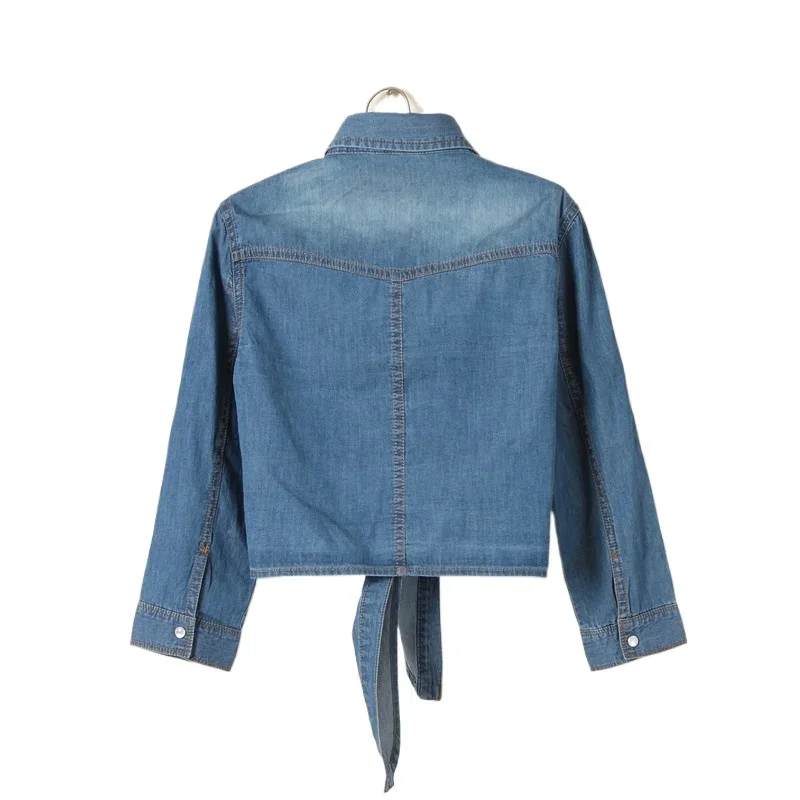 Women's Seven-quarter Sleeve Denim Crop Top Tie Shirt Cardigan