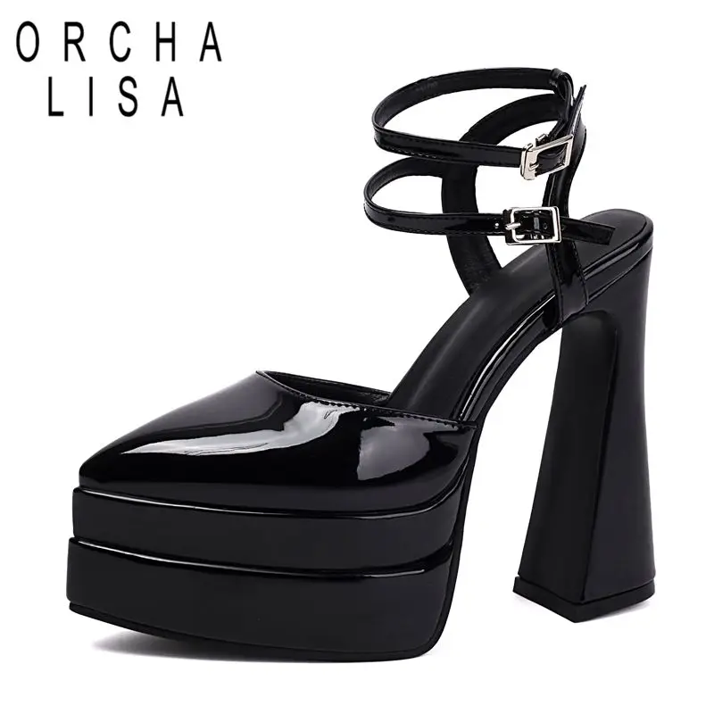 

ORCHA LISA 2025 Блестящие женские босоножки с острым носком на высоком каблуке 13,5 см, двойная платформа, 4,6 см, модная обувь для свиданий с пряжкой и ремешком, 42 43