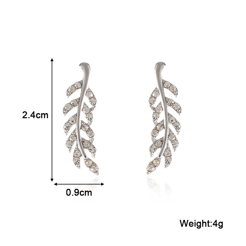 2024 New Crystal Feather Stud Earrings for Women Gold Color Silver Color Leaf Shape Girls Small Earrings Fashion Ear Jewelry