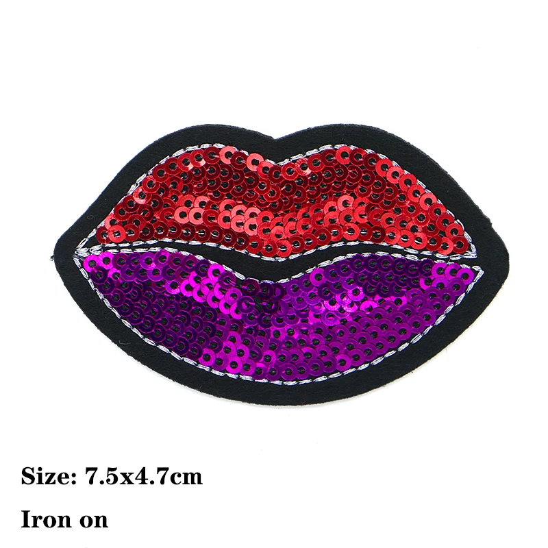 2 Pcs Fashion Shiny Sexy Lips Lipstick Sequin Icon Embroidered Applique For Clothing DIY Iron on Patches on the sticker