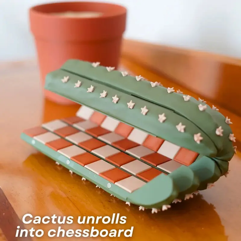 3D Printed Resin Cactus Roll Chessboard Set Desktop Ornament Foldable Kill Time Decor Chess Toys Home Office Craft Printed Gifts