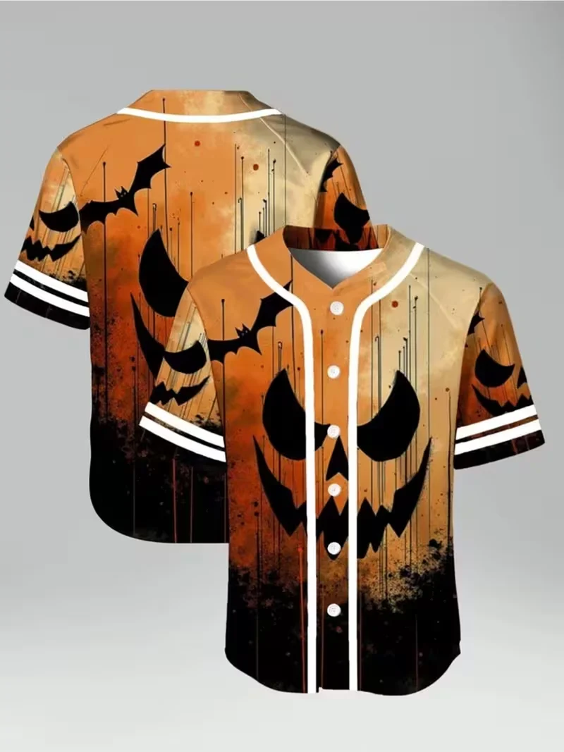 2026 Halloween Baseball Jersey Men 3D Pumpkin Graveyard Print Short Sleeve Button Shirt Unisex Horror Party Streetwear Clothes