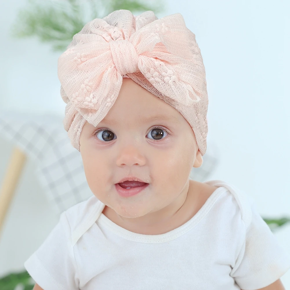 

Baby Turban Hats Girls Boys Solid Color Bow Knotted Hat Newborn Lace Mesh Fetal Cap Headband Kids Headwear Hair Band Accessories