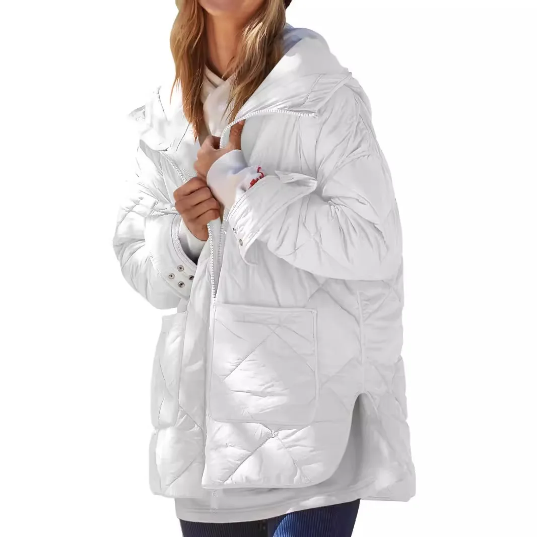 Solid Color Fashion Diamond Grid Large Pocket Slit Cotton Coat Loose Hooded Long Sleeved Zipper Warm Jacket