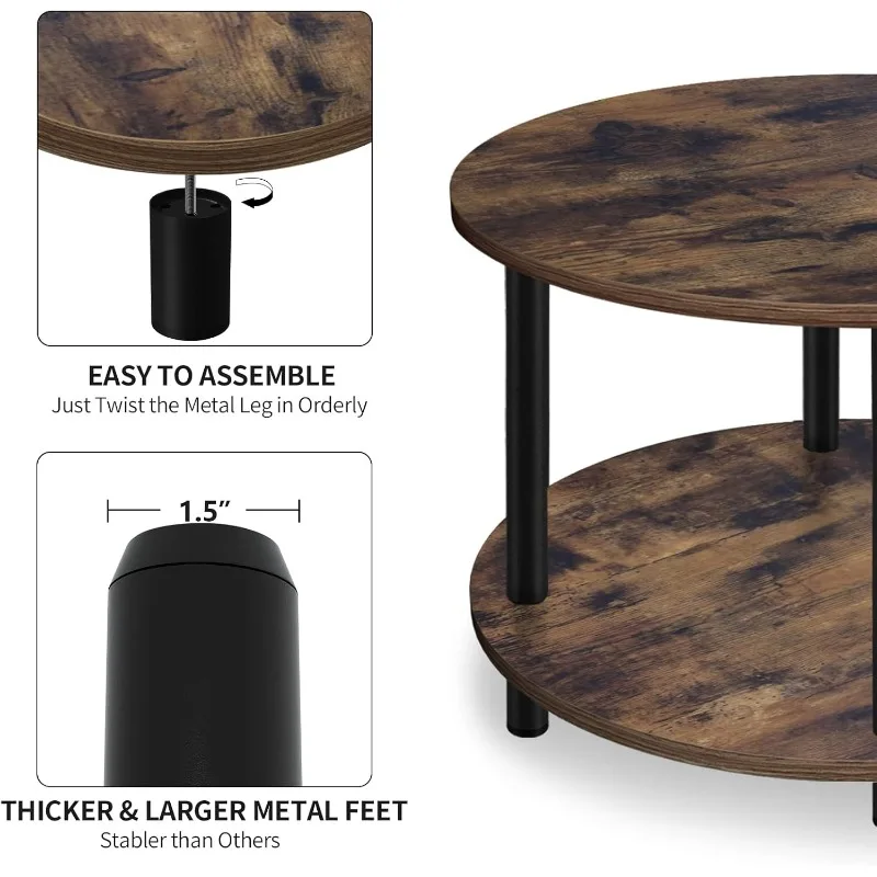 Small Round Coffee Table for Small Space, 23.5" 2-Tier Rustic Brown Wooden Coffee Table with Open Storage for Living