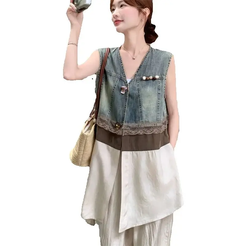 

2025 Summer New Design Denim Stitching Vest Women Single-Breasted Vest Coat + Wide-Leg Pants Two-Piece Fashion Waistcoat Suit
