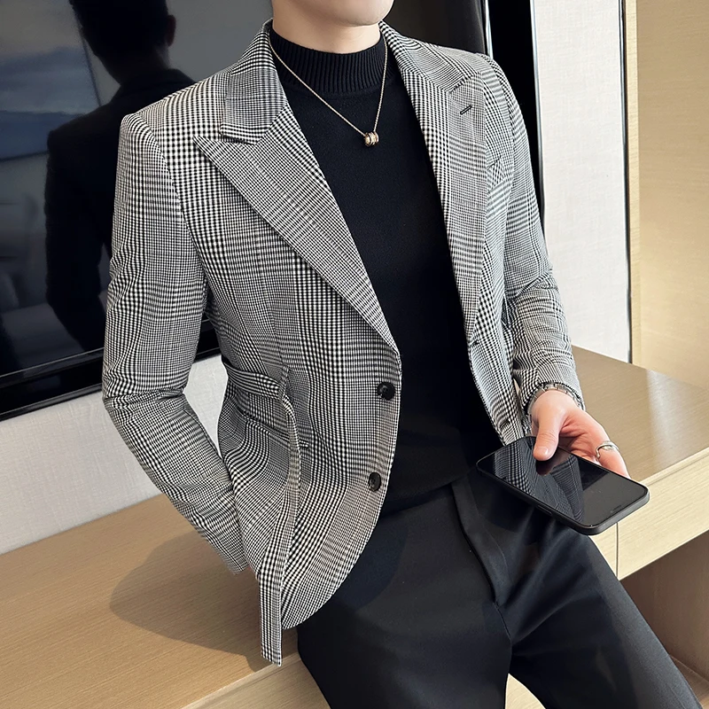 

2025 Autumn Winter Classic Checkered Suit Jacket for Men Belt Decoration Slim Fit Casual Business Blazers Social Party Jacket