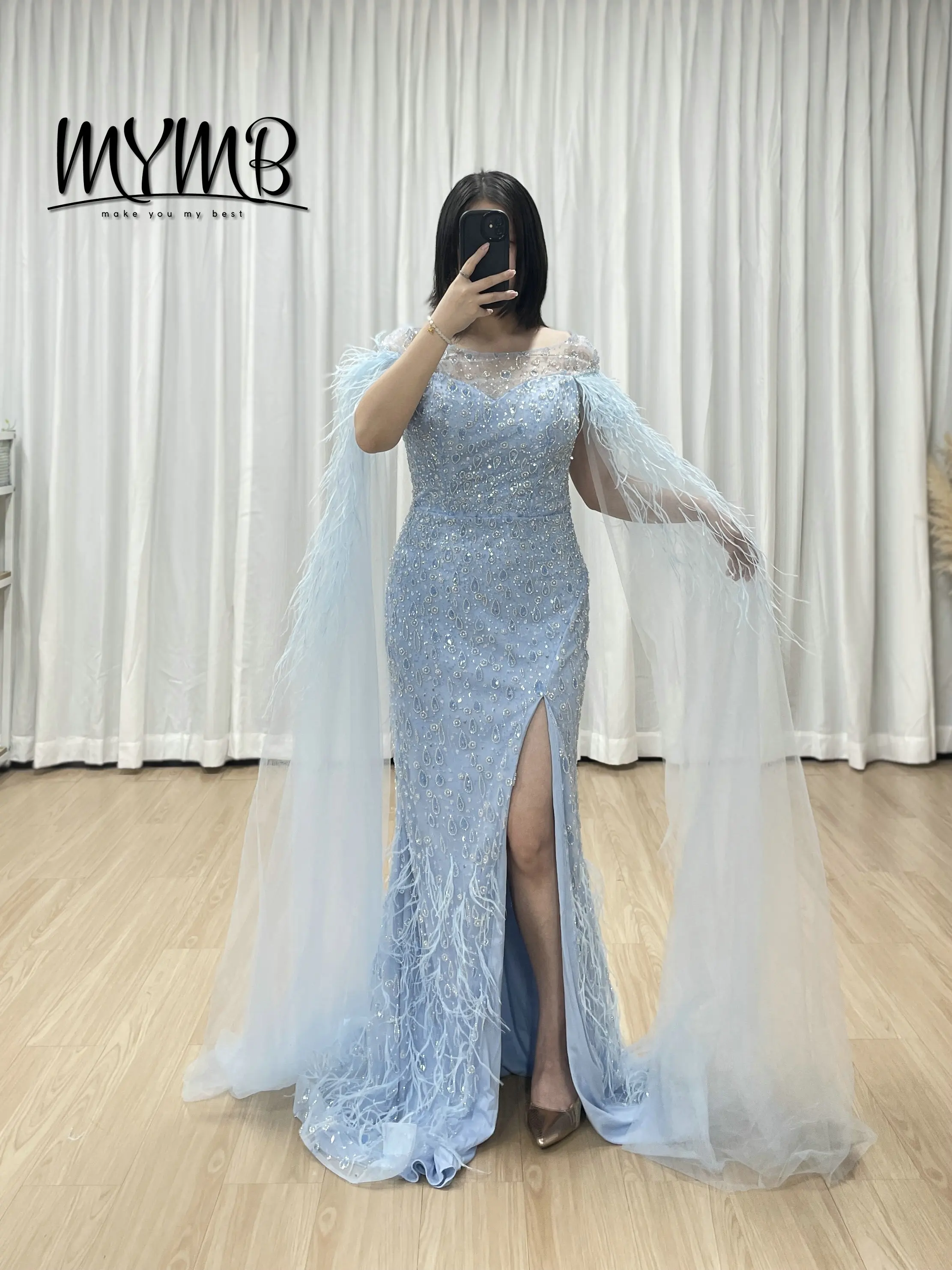 

MYMB Элегантные синие вечерние платья с длинными рукавами и перьями для вечеринок для женщин, свадебные платья русалки больших размеров MY30206
