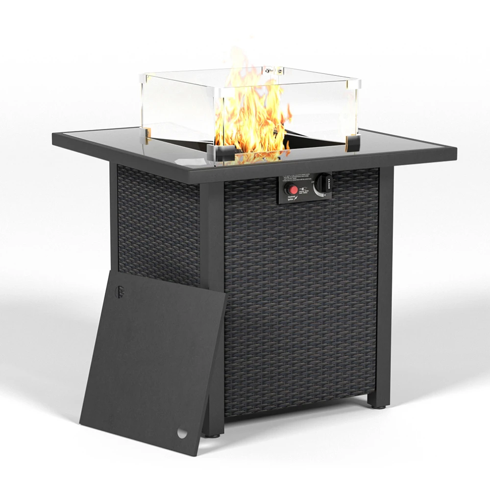 28 Inch Propane Fire Pit Table, Rattan & Wicker-Look, 50000 BTU Gas Firepits Tempered Glass Tabletop with Glass Windscreen