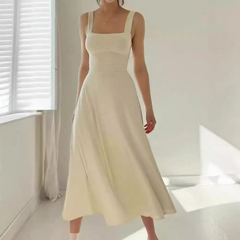 

Women Dress Women Square Neckline Dress Elegant Square Neck Midi Dress for Women A-line Flowy Hem Backless with High for Ol