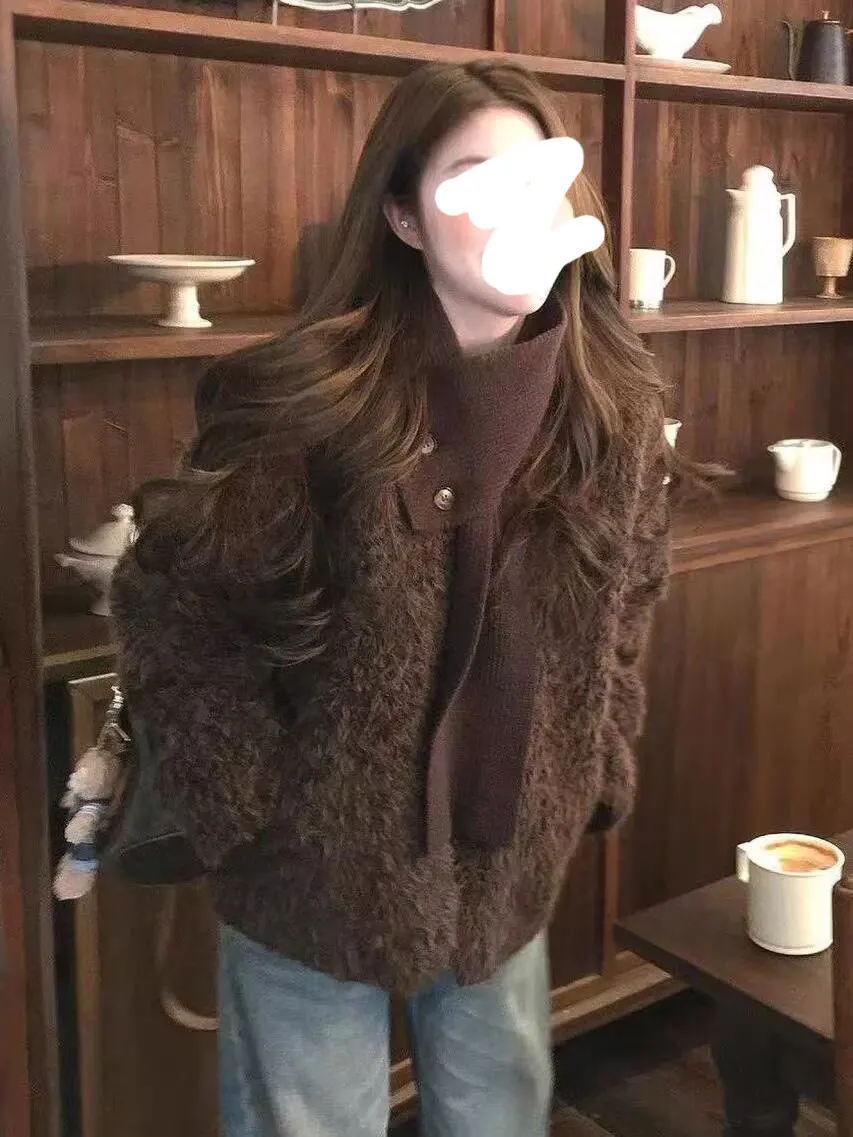 

Detachable Scarf Design Lamb Fur Jaet Women's Loose Sle Retro Faion Synthetic Leather Coat Korean Ladies ort Outerwear