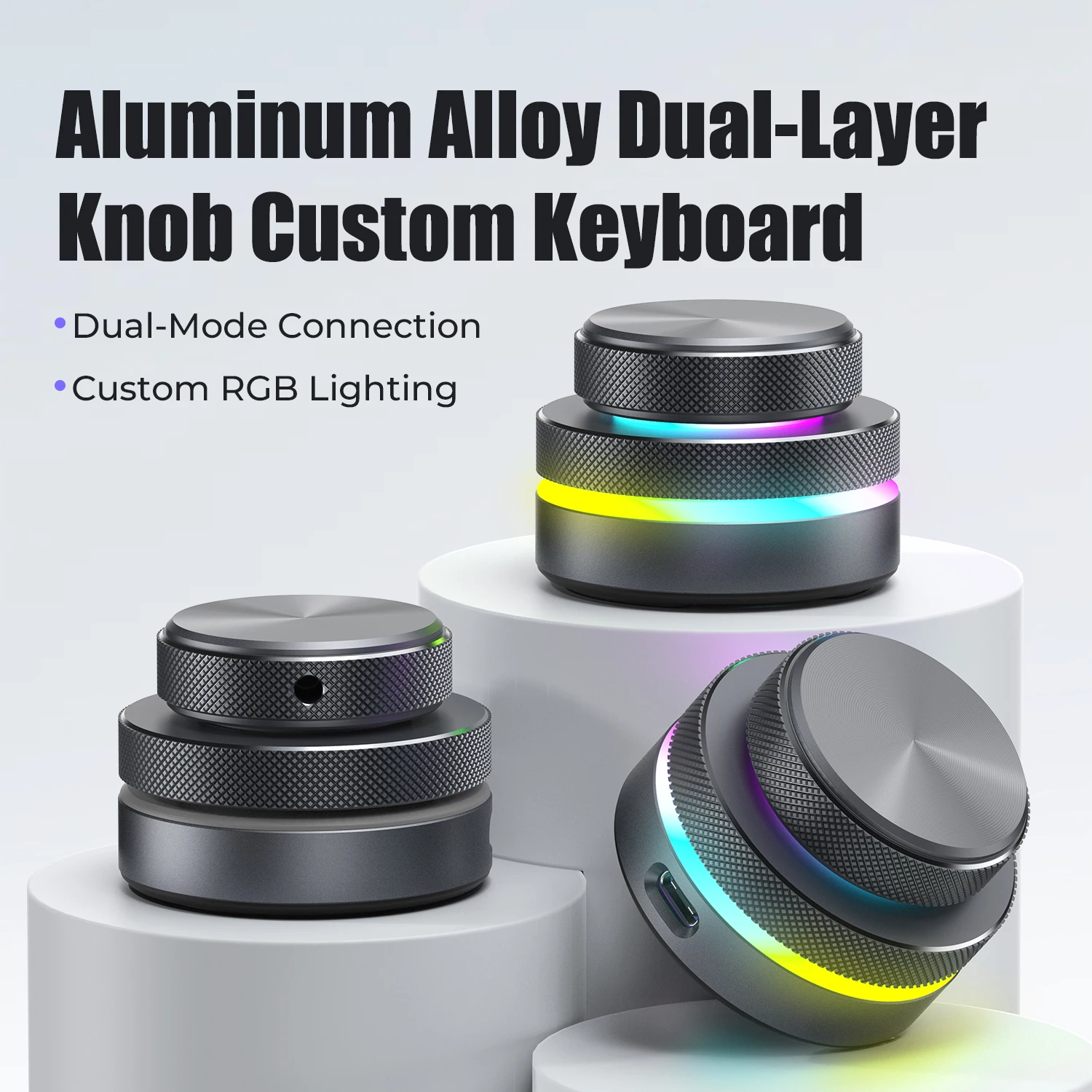 RGB Programmable Dual Knob Wireless 2.4G BT5.0 LED Rotary Volume Controller Aluminum Multimedia Encoder for PC Mac Laptop