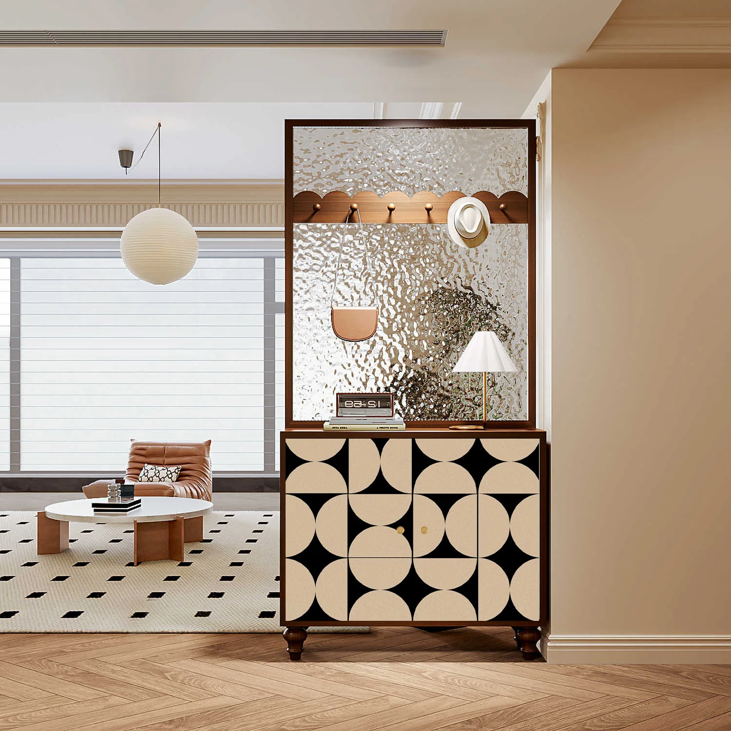 

French vintage geometric entryway cabinet solid wood hydrographic glass entrance door screen partition living room storage shoe