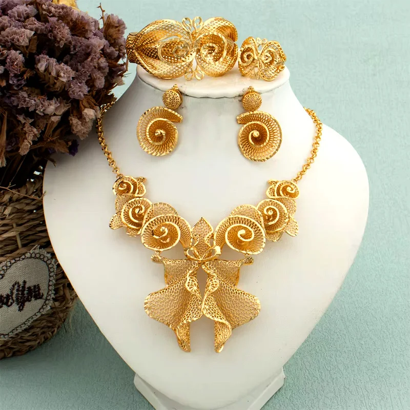 

Dubai Design Big Pendant Jewelry Set Women African Luxury Gold Plated Necklace Earrings Bangle Ring 2025 Trend Banquet Jewelry