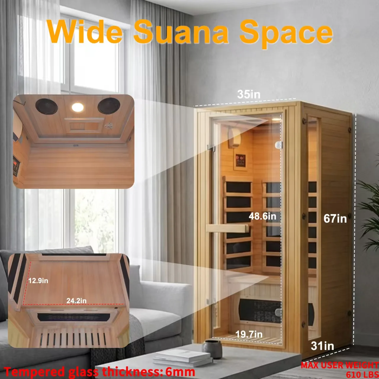 Outdoor Spruce Wood Graphene Far Infrared Sauna Cabin, Low EMF Home Sauna Room with Waterproof Roof, Color Light Therapy for Yard Spa view 2