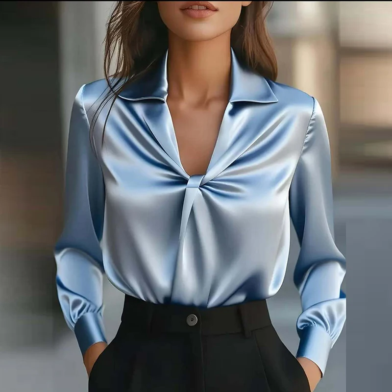 올 매치 V넥 긴팔 새틴 셔츠 및 블라우스 여성 패션 실크 셔츠 여성용 우아한 퍼프 셔츠 오피스 레이디 탑스