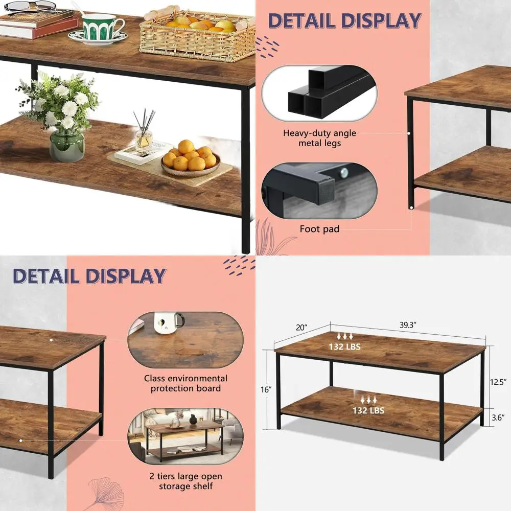طاولة قهوة من الخشب والمعدن البني بطبقتين مع مساحة تخزين، أثاث غرفة المعيشة، 39.3 × 20 × 16 #1