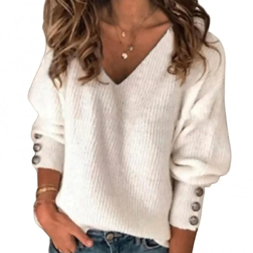 Women Sweater Autumn Winter Buttons Cuff Knit Ribbed V Neck Long Sleeve Pullover Top Women\'s Clothing